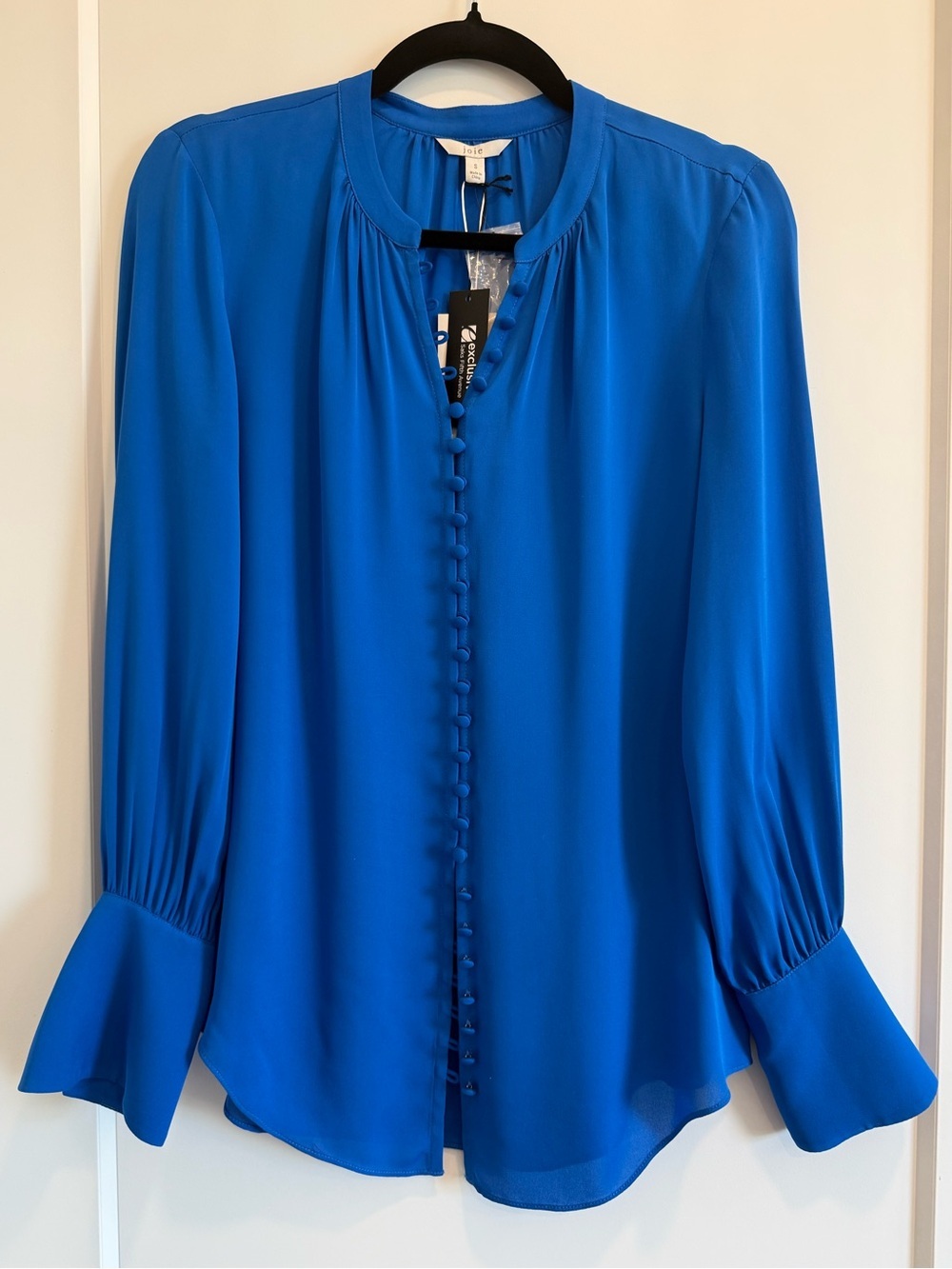 NWT Joie Bright Blue Button-Front Long-Sleeve 100% Silk Blouse Size Small